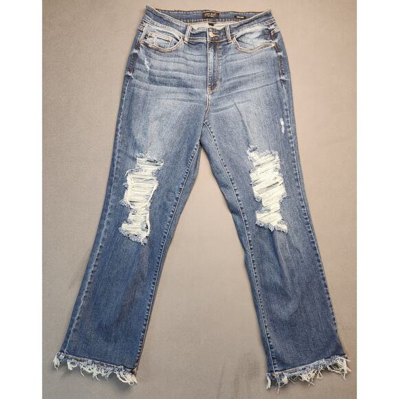 Judy Blue Honey Mid Rise Dad Jean‎ Size 14W (32x32) Distressed Raw Hem Stretchy - Picture 3 of 12